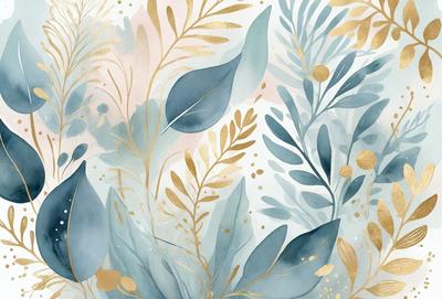 The primary subject of the image is a watercolor painting featuring a variety of plants and leaves. The setting is a watercolor painting, which gives the image a unique and artistic visual style. The dominant colors in the painting are blue, green, and gold, creating a serene and natural atmosphere.